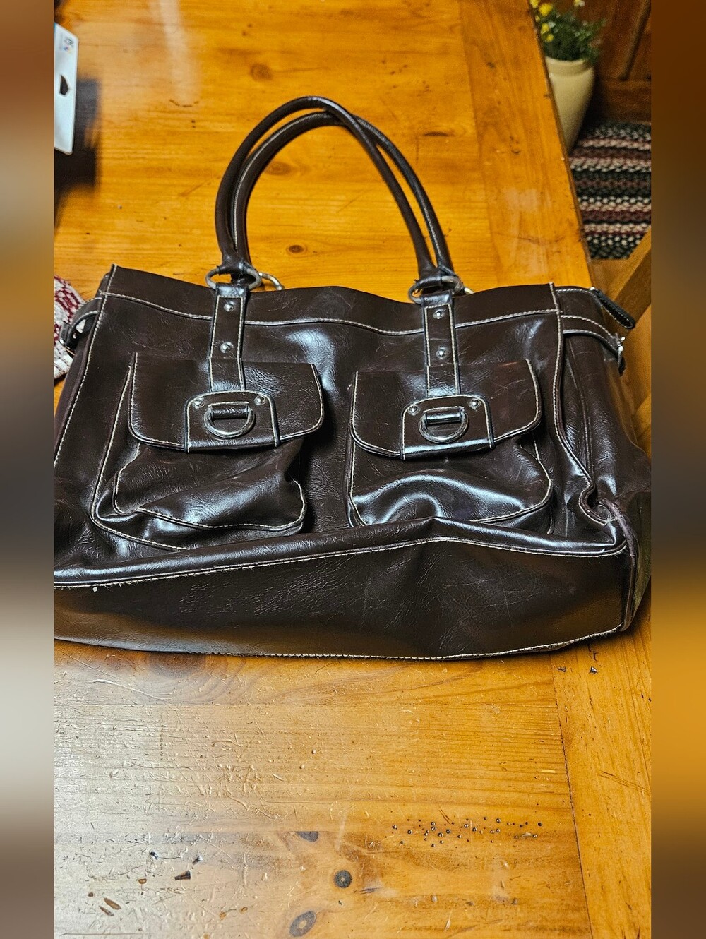 Worthington Large Brown Nylon-Lined Handbag with Leather Trim